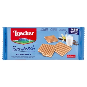 Loacker Wafer Sandwich Milk-Vanilla con crema al latte alpino e vaniglia Bourbon wafers 75g