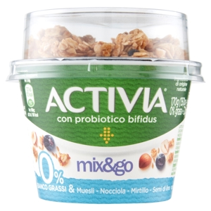 ACTIVIA Mix&Go con Probiotico Bifidus, 0% Grassi, Yogurt con Muesli, Nocciola, Mirtillo, Semi 170g
